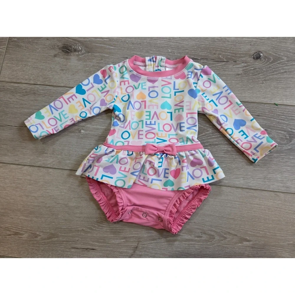 Rufflebutts Love Long Sleeve Rash Guard One Piece Swimsuit Infant Girls 6-12m